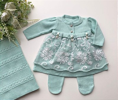 Saída de maternidade de menina vestido verde em tricot com renda