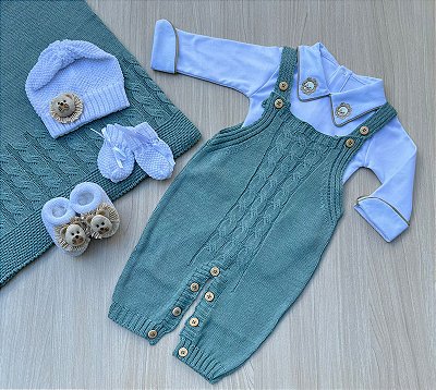 Saída de Maternidade Menino Leão Jardineira Tricot 6 Peças - Dinhos Baby