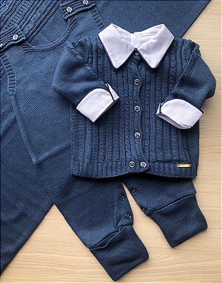 Saída Maternidade Menino Gola Limpa Dois botões em tricot 4 peças