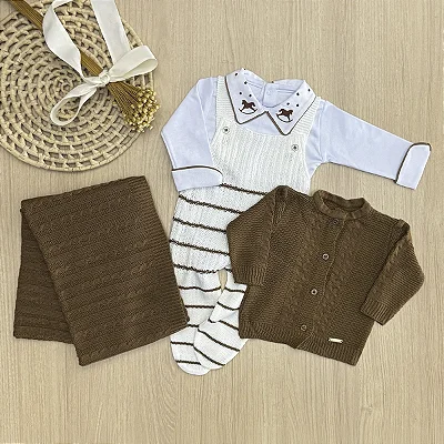 Saída de Maternidade Menino Jardineira Tricot Listrada Cavalinho 4 Peças
