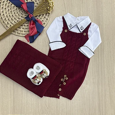 Saída de maternidade menino Jardineira tricot Marinheiro 4 peças