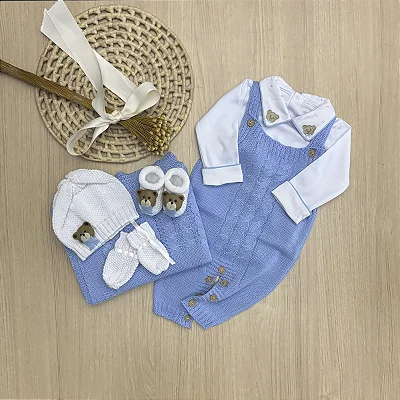 Saída de maternidade menino Jardineira tricot Gravata 6 peças