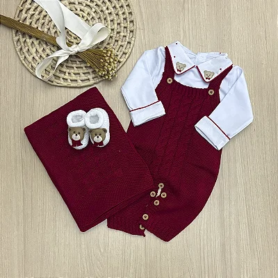 Saída de maternidade menino Jardineira tricot Gravata 4 peças