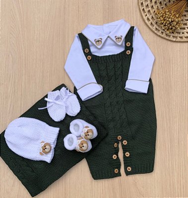 Saída de Maternidade Menino Jardineira Ursinho Aviador Tricot 6 Peças