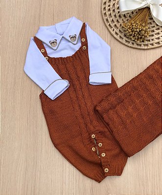 Saída de Maternidade Menino Jardineira Ursinho Aviador Tricot 3 Peças