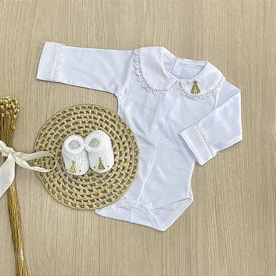 Body Bebê para Batizado com Sapatinho 2 Peças Detalhe Religioso Delicado Dinhos Baby