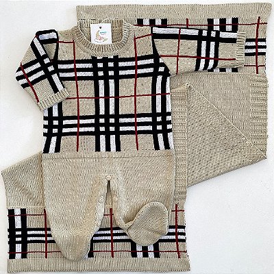Saída de maternidade de menino macacão xadrez em tricot 2 peças