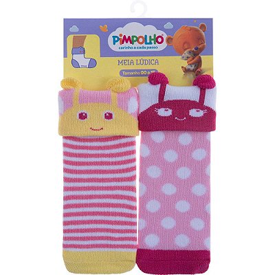 KIT MEIA LUDICA INFANTIL 00-15 FEM PIMPOLHO ROSA ABELHA/ROSA JOANINHA