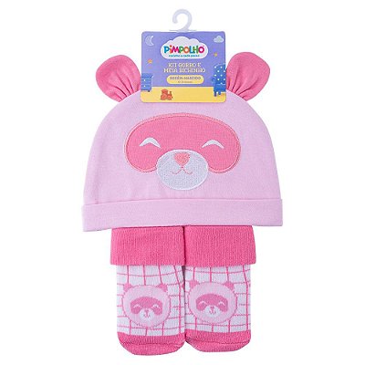 KIT GORRO E MEIA BICHINHO RN FEM PIMPOLHO ROSA/PANDA