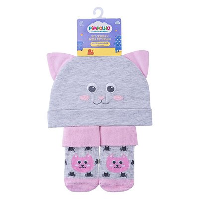 KIT GORRO E MEIA BICHINHO RN FEM PIMPOLHO CINZA/GATA