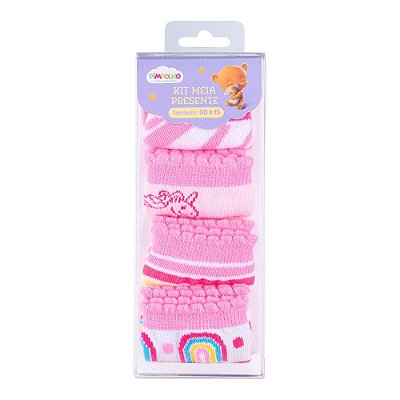 KIT MEIA PRESENTE 4 PARES RECÉM NASCIDO 00-15 FEM PIMPOLHO ROSA/ROSA/ROSA/ROSA