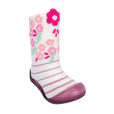 Meia com Sola de Glitter Pimpolho Branca e Rosa com Flores