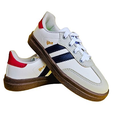 Tênis Casual Gibizinho Masculino Branco Cinza Marinho e Vermelho com Sola Marrom Cadarço