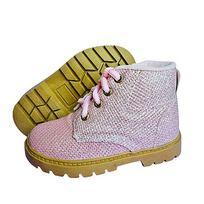 Bota Coturno Feminina Gibizinho Rosa Com Brilho com Cadarço