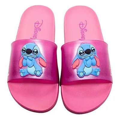 Chinelo Slide Disney Stitch Feminino Rosa Perolado com Glitter