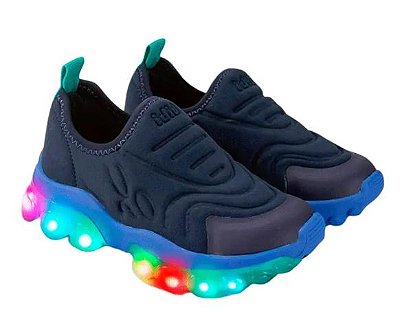 Tênis Bibi Roller Celebration Masculino Azul com Led e Sola Verde Slime de Neoprene Calce Fácil