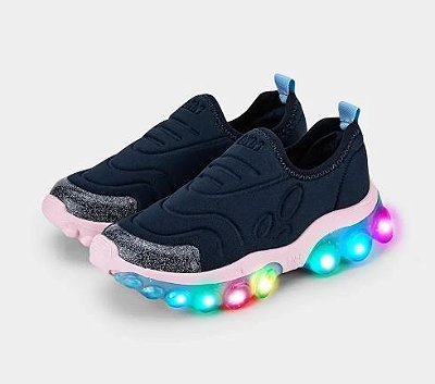 Tenis Bibi Roller Celebration Feminino Azul Marinho com Sola Rosa e Led Azul com Glitter de Neoprene Calce Fácil