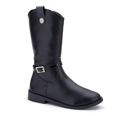 Bota Infantil Montaria Feminina Mini Sua Cia Preta Cano Longo Detalhe Fivela com Strass Fechamento Zíper Lateral