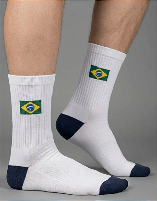 Meia Cano Médio Sport Copa do Mundo Brasil Branca Detalhe Bandeira Brasil