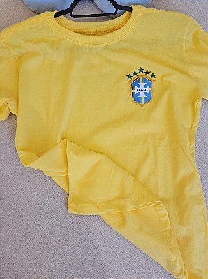 Camiseta Baby Look Brasil Amarela Com Brasão Bordado