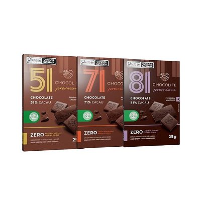 Chocolate Vegano Sem Açúcar  51%, 71% e 81% - Kit com 3 - Chocolife