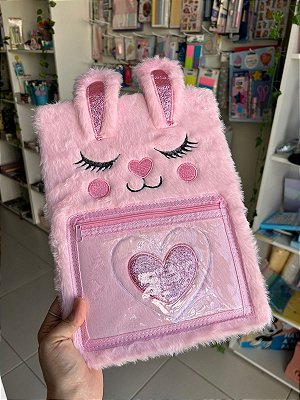 Caderno Fofo Pelúcia Com Bolso Rosa
