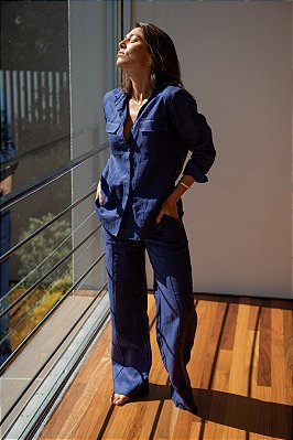 CALÇA ALFAIATARIA FRISO LINHO PURO AZUL OCEANO