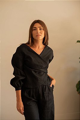 CAMISA TRANSPASSADA LINHO PURO PRETA