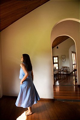 SAIA MIDI EVASÊ LINHO PURO AZUL