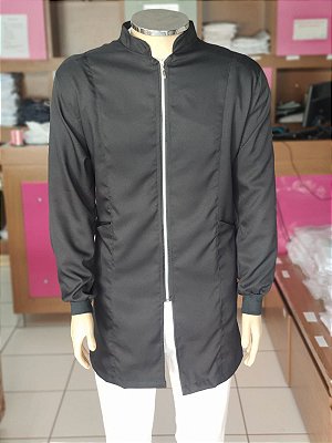 Jaleco masculino preto, gola padre ziper, tecido gabardine e punho