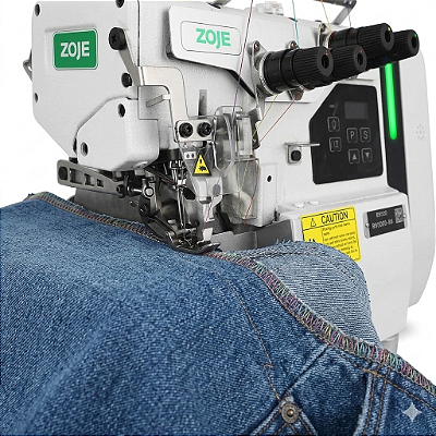 Máquina de Costura Industrial Interloque 5 Fios Zoje B9510-86-MD2/02 Eletrônica para Jeans Bitola Larga 6,4mm.