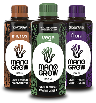 Kit Trio Mano Grow 300mL  - 1 Mano Vega 300mL + 1 Mano Micros 300mL + 1 Mano Flora 300mL (total de 900mL neste kit)