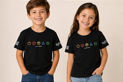 Camiseta Rota 1930 Infantil — Preta com símbolos coloridos
