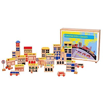 Kit Construindo Cidades Madeira City 85 Blocos Criativo