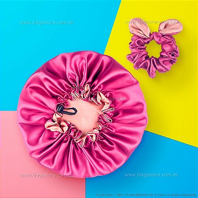 Touca de Cetim Dupla Face Ajustável Infantil + Xuxinha Scrunchie com Laço Nude e Vinho