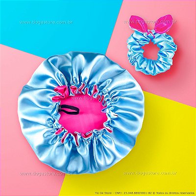 Touca de Cetim Dupla Face Ajustável Infantil + Xuxinha Scrunchie com Laço Rosa e Azul