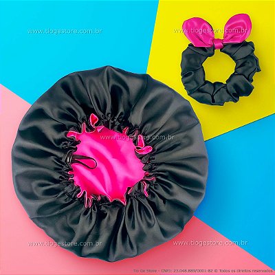 Touca de Cetim Dupla Face Ajustável Adulta + Xuxinha Scrunchie com Laço Preto e Rosa Pink