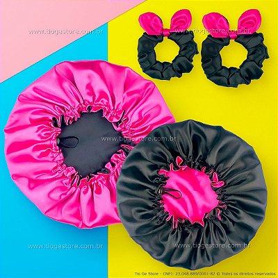 Kit Mãe e Filha 2 Toucas de Cetim Dupla Face Ajustável + 2 Xuxinhas Scrunchie com Laço Preto e Rosa Pink