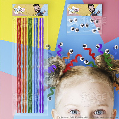Kit Penteado Cabelo Maluco Infantil 10 Hastes Flexíveis de Pelúcia Colorido Arco-íris + 10 Olhos Móveis Autoadesivo