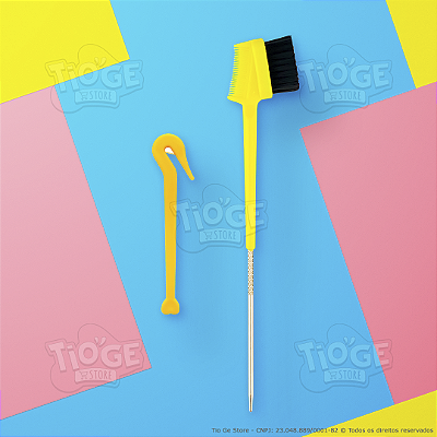 Kit 1 Removedor de Elástico Amarelo + 1 Pente Escova Baby Hair 3 em 1 Com Ponta Metal Cabo Fino Amarelo