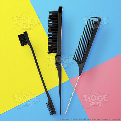 Kit 3 Peças Penteado 1 Escova Fina Coque 1 Pente Cabo Fino Metal 1 Pente Escova Baby Hair Cabelo Sobrancelha Preto