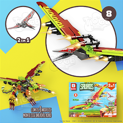 Blocos de Montar e Desmontar (Nº 8) Dinossauro Pteranodon 2 em 1 Robô Transformers Sauros Block Brinq 78 Peças