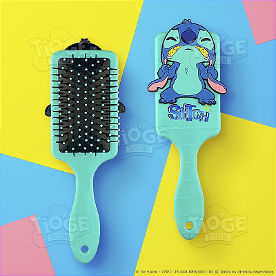 Escova de Cabelo Stitch Fofa Infantil Desembaraçante Almofada Cerdas Ultramacias Aplique Emborrachado 3D Turquesa