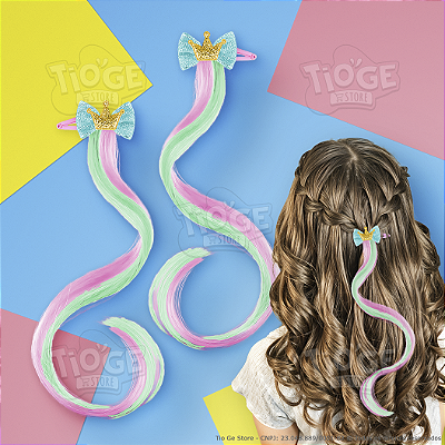Presilhas Mecha de Cabelo Sintético Infantil (Tic Tac) Unicórnio Coroa Dourada Laço Azul Cor Turquesa e Rosa 2 unid
