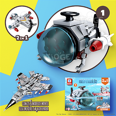 Blocos de Montar e Desmontar Defender (Nº 1) Submarino 2 em 1 Colecionar Avião Caça Block Brinq 81 Peças