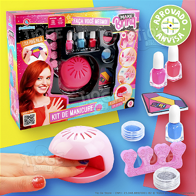 Kit de Manicure Infantil Esmalte Unhas Cabine Secadora Glitter Lixa Criança Aprovado Anvisa Makebrinq Rosa Pink