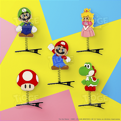 Presilhas Cabelo Maluco Super Mário Luigi Peach Aplique Emborrachado Bico de Pato Menina Menino Infantil 5 Unid