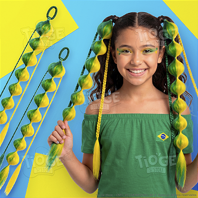Kit 2 Apliques Bubble Tranças Braids Mecha Cabelo Sintético Infantil Verde Amarelo Copa do Mundo Brasil