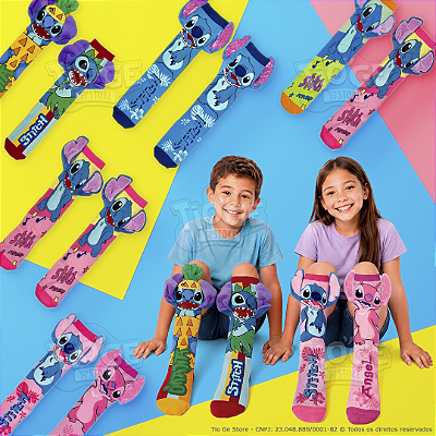 Meias Maluca 3D Stitch Angel Infantil Cano Alto Divertida Menino Menina Escola Festa Presente