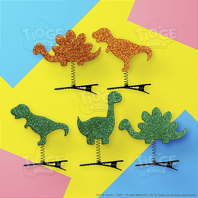 Presilhas Cabelo Maluco Dinossauros Glitter Aplique EVA Bico de Pato Menina Menino Infantil 5 Unid